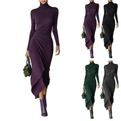 Women's Color Round Neck Long Sleeved Waist Cinched Dress