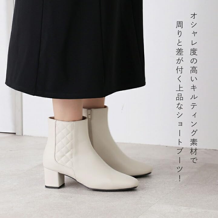 Boots Short Chunky Heel Quilted V6283AW Ivory [Vivian] Women's 5.5cm S(22.0-22.5)