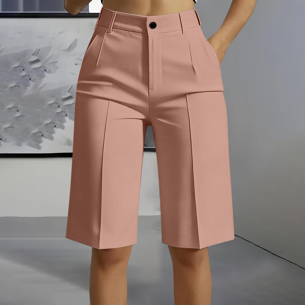 High Waist Straight Leg Bermuda Shorts for Women Casual Tailored Office Style Five Inch Length with Belt Loops and Front Pleats