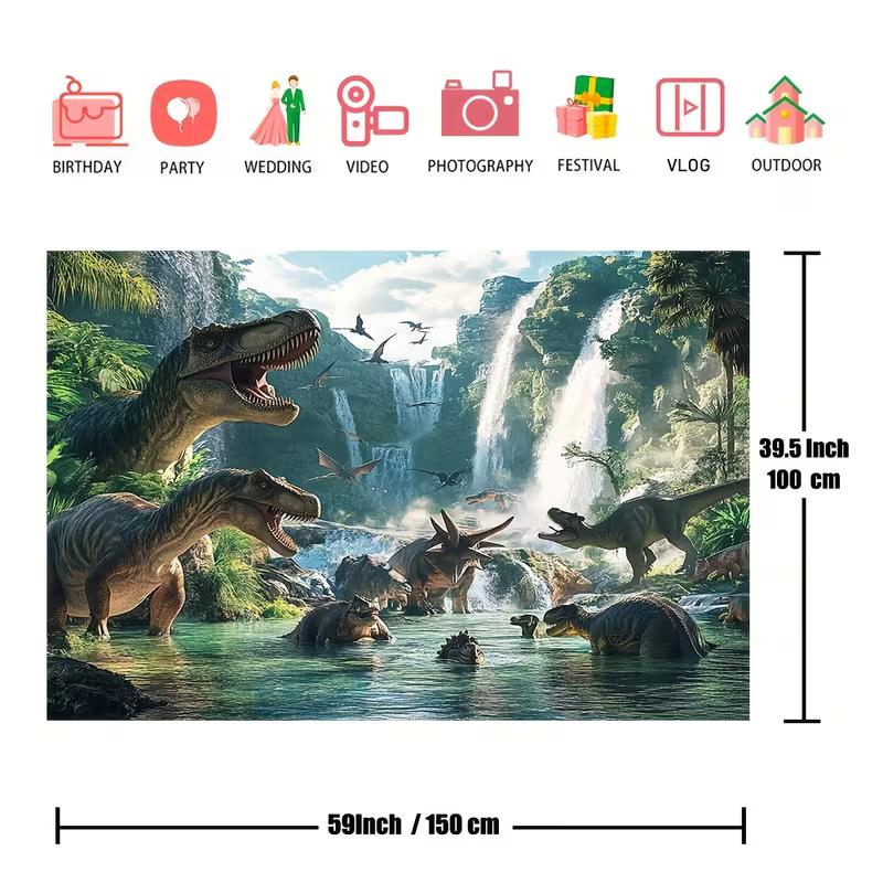 Prähistorische Dinosaurierfamilie Kulisse Dschungel-Wasserfall-Szene Hintergrundtuch für Kindergeburtstagsparty