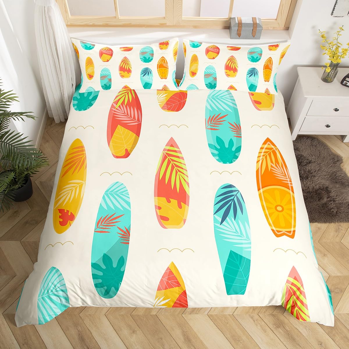 

Kid Summer Gnome Duvet Cover Double King Surfboard Lifebuoy Comforter Cover Tropical Palm Leaves Bedding Set Cartoon Quilt Cover (135x200cm)