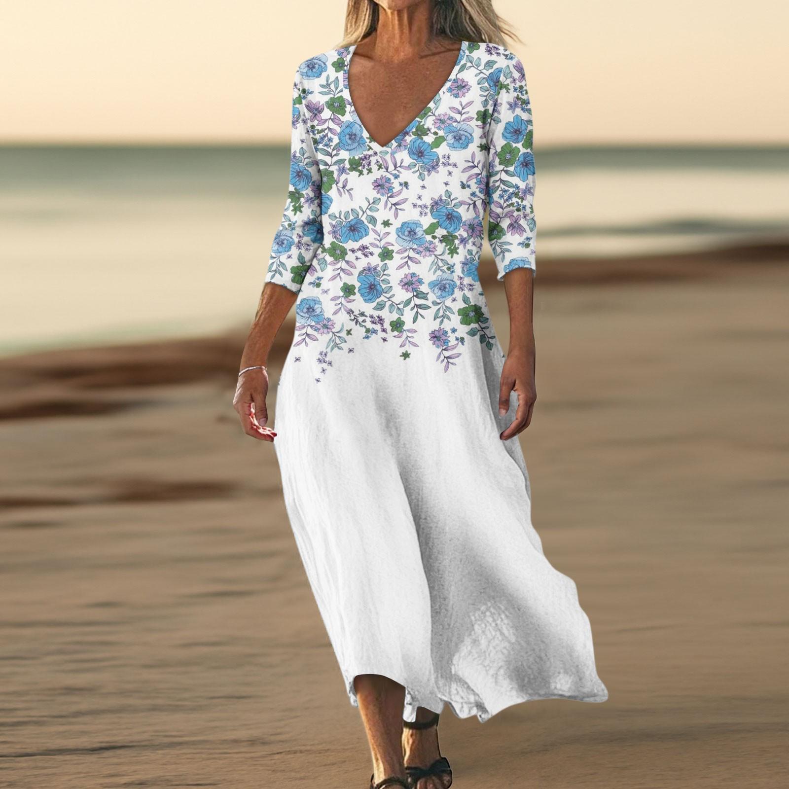 

Платья для женщин Винтажный принт Туника с завышенной талией Миди-платье Летнее повседневное Платье с рукавом 3/4 M белый