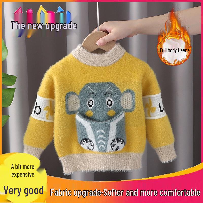 Boys' Autumn/Winter Thick Knit Velvet Sweater, Toddlers & Young Boys, Woolen Outerwear