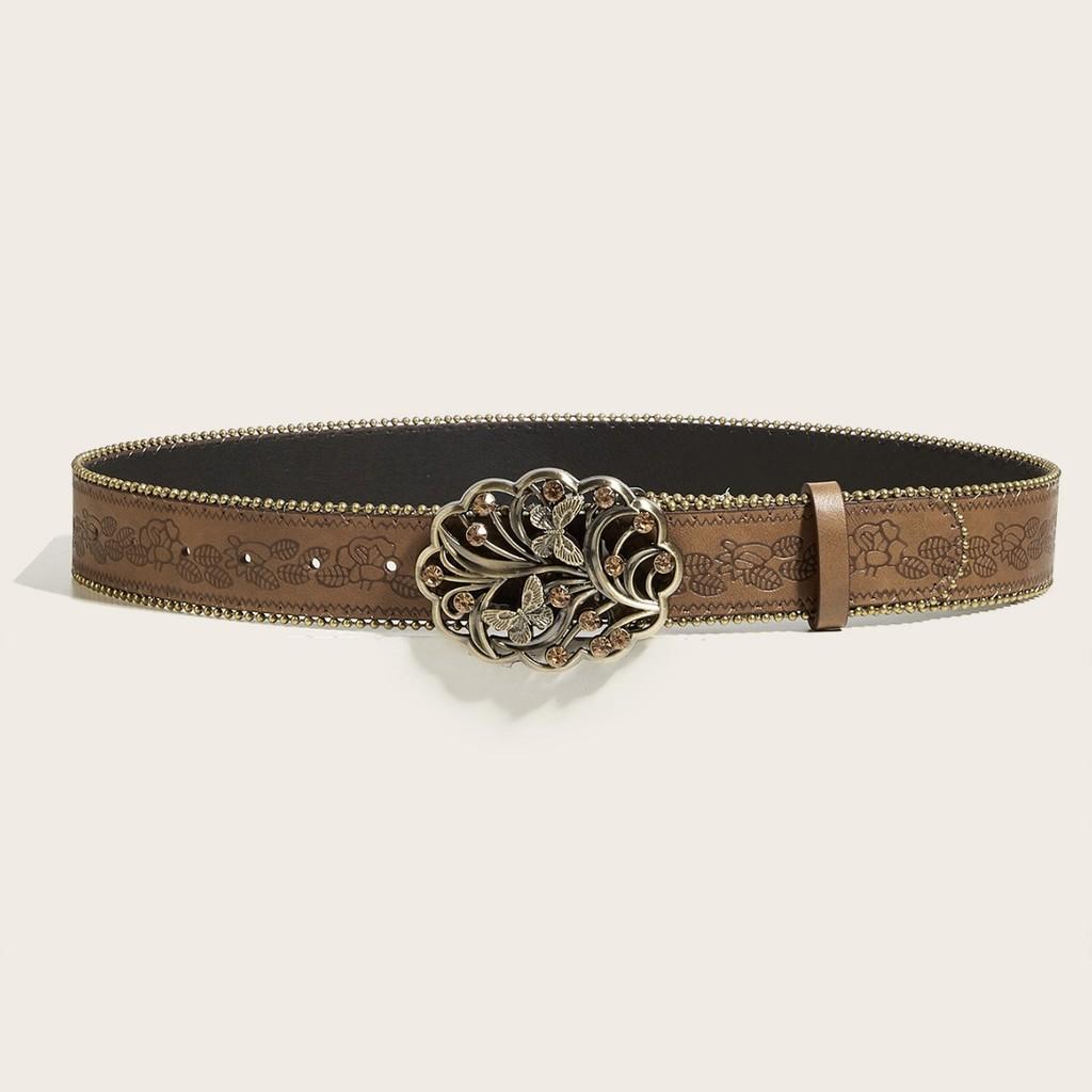 Vintage Punk Pu Leather Belt With With Butterfly Design And Rhinestone Decor For Teen Casual Wear