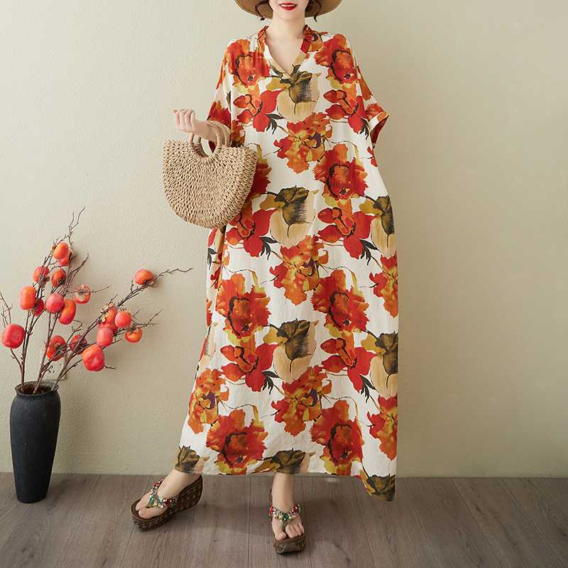 Women's Vintage Long Dress with Cotton and Linen Patterns