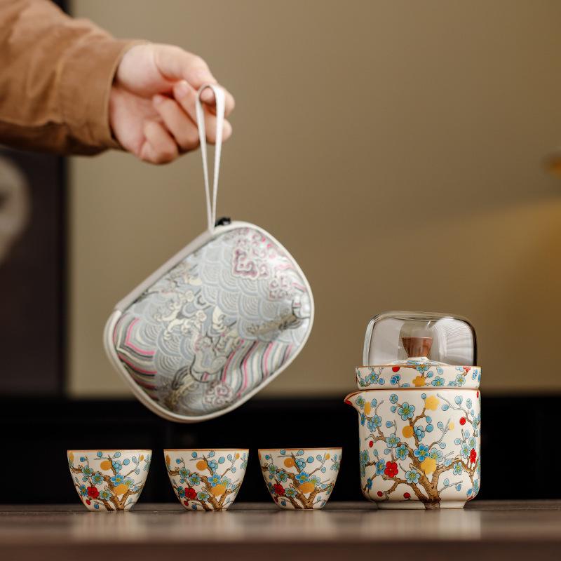 Golden Plum Ru Kiln Portable Tea Set: Quick-Brew Pot with Four Cups for Outdoor Camping and Kung Fu Tea