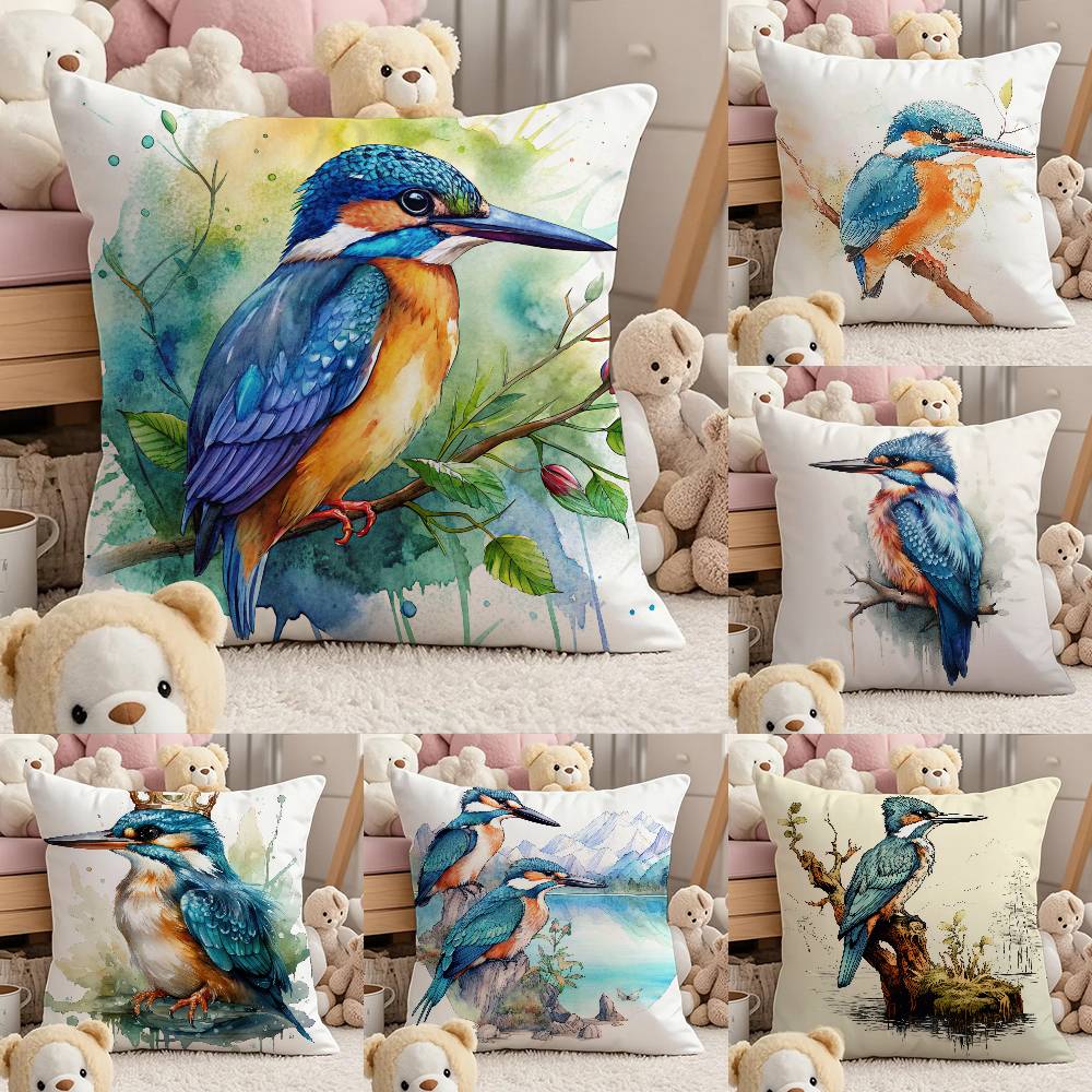 Kingfisher Watercolor Painting Pillow Case Comfort Sofa Bed Silky Elegant Invisible Zipper Custom Decorative Cushion Cover