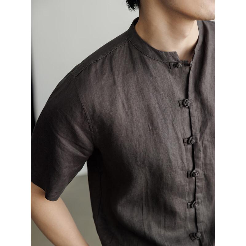 Hengyuanxiang Men's Linen Short-Sleeve Lapel Shirt