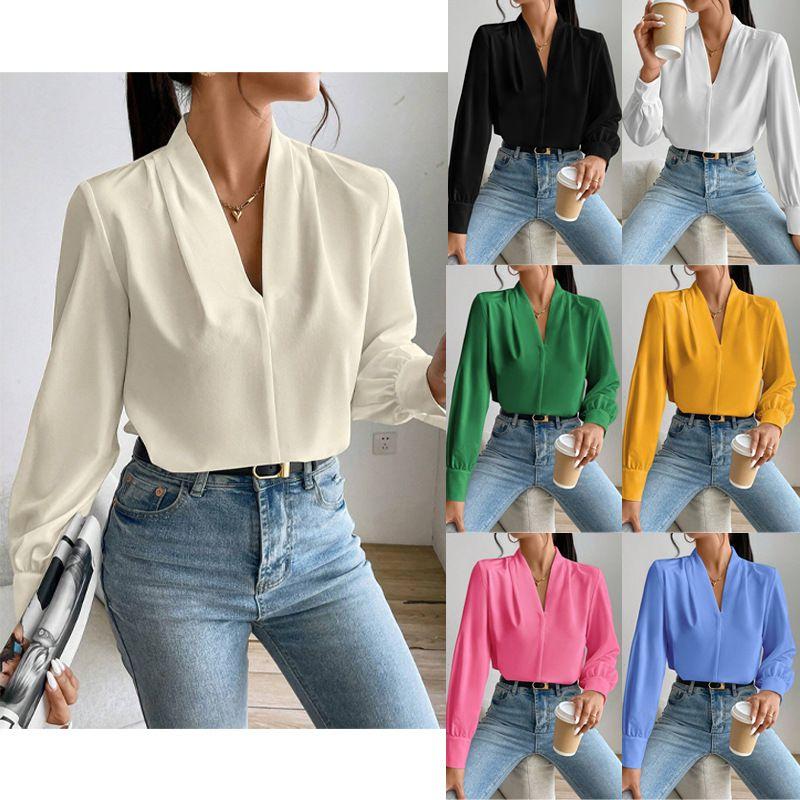 

Tops V Collar Solid Color Loose Top Shirt Blue XXL