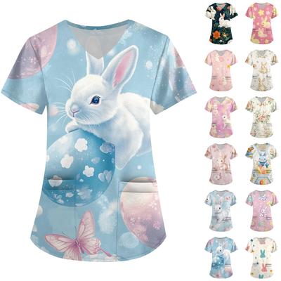 Damenmode V-Ausschnitt Kurzarm Arbeitskleidung mit Taschen Osterdruck Oberteil Pflegekleidung