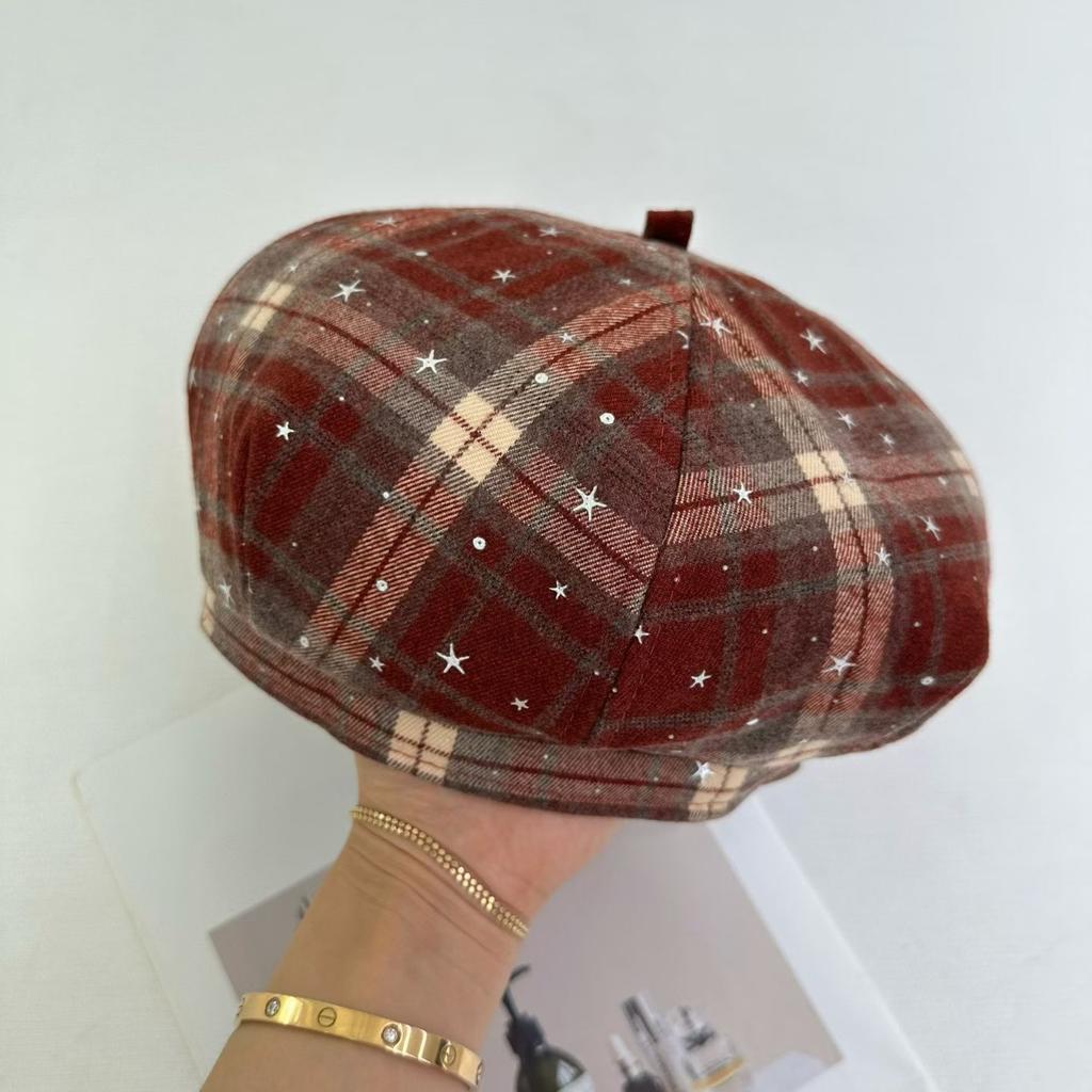 Beret women's new autumn woolen British retro plaid bud hat literary sweet cool painter hat tide