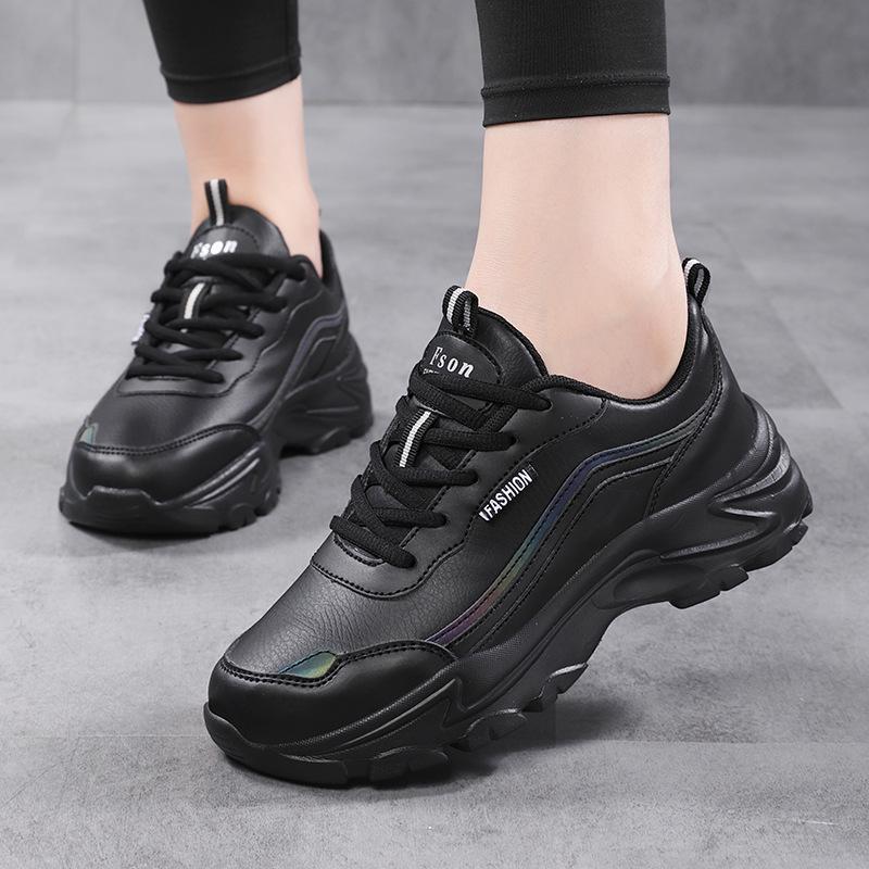 Women's Black Non-Slip Height-Increasing Sports Shoes - Fashionable, Comfortable, Versatile, Thick Sole for Spring/Autumn
