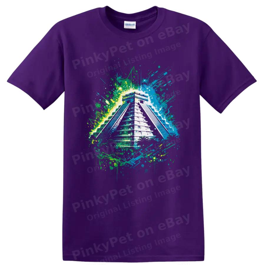 Ancient Mayan Pyramid T Shirt Neon Tropical Ruins Graphic Art Travel Tee Gift