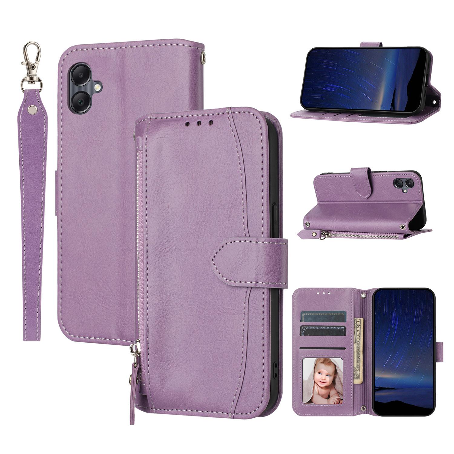 

For Samsung Galaxy A07/A06 5G Case Zipper Pocket Wallet Leather Phone Cover with Wrist Strap Purple