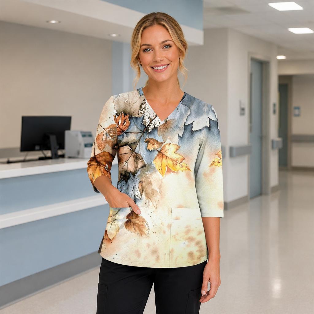 Bata Médica de Mujer con Escote en V, Mangas Tres Cuartos, Aberturas Laterales y Bolsillo Frontal, Estampado Floral, Ajuste Cómodo, Uniforme de Enfermera