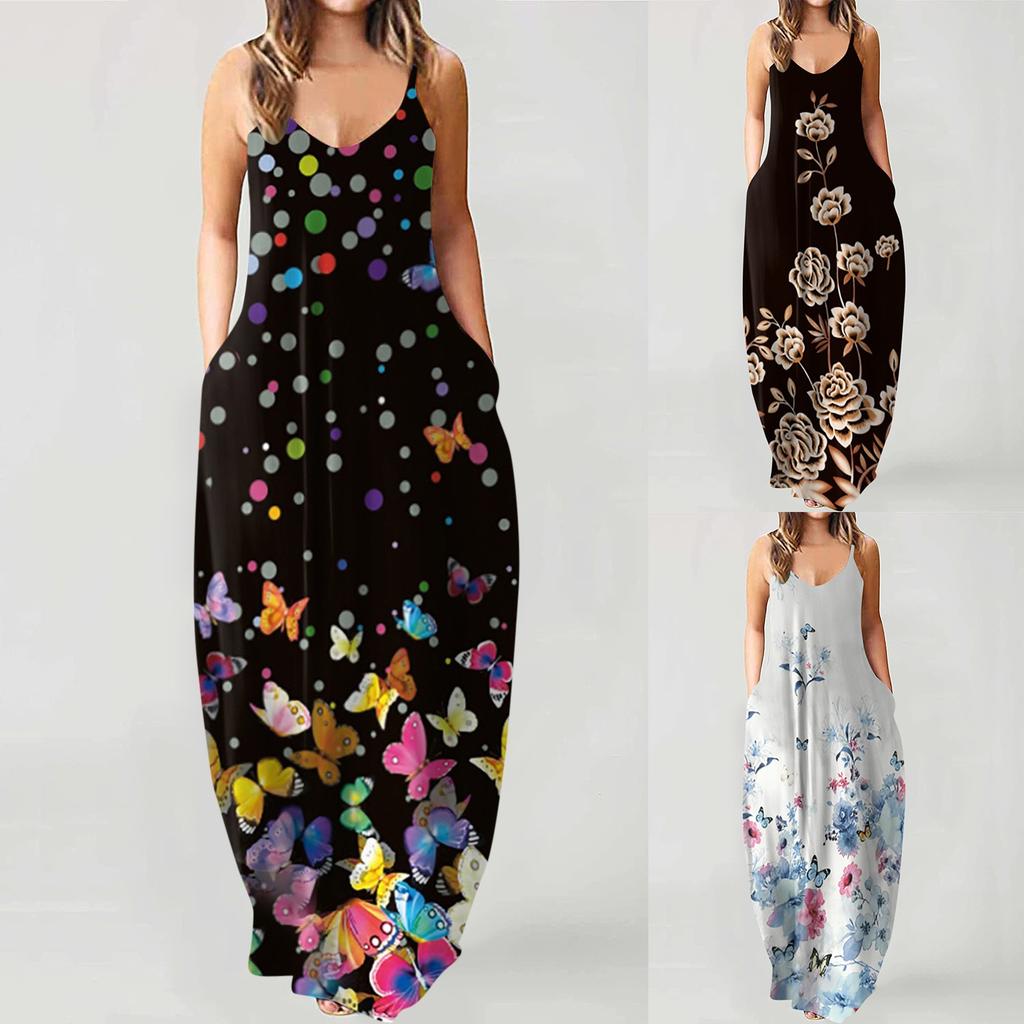 Fashion Women's Loose Casual Summer Print Pocket Sling Sleeveless Dress