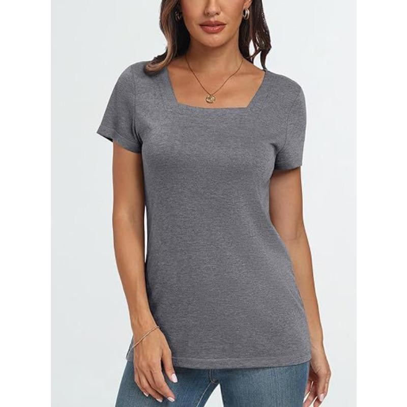 Women S Casual Short Sleeve Solid Color Square Neck Loose Basic T Shirt S серый