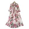 Lightly Mature Long Sleeve Bowknot Lace-up Waist-Controlled Slimming A- Line Printed Big Swing Chiffon Dress Elegance Long Skirt