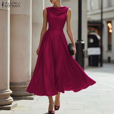 Women Elegant Pile Collar Casual Sleeveless A-line Satin Dress