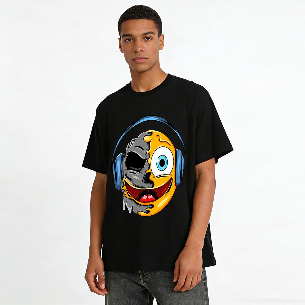 Melting Half Face With Headphones Graphic Trendy Casual Tee Pure cotton T-shirt
