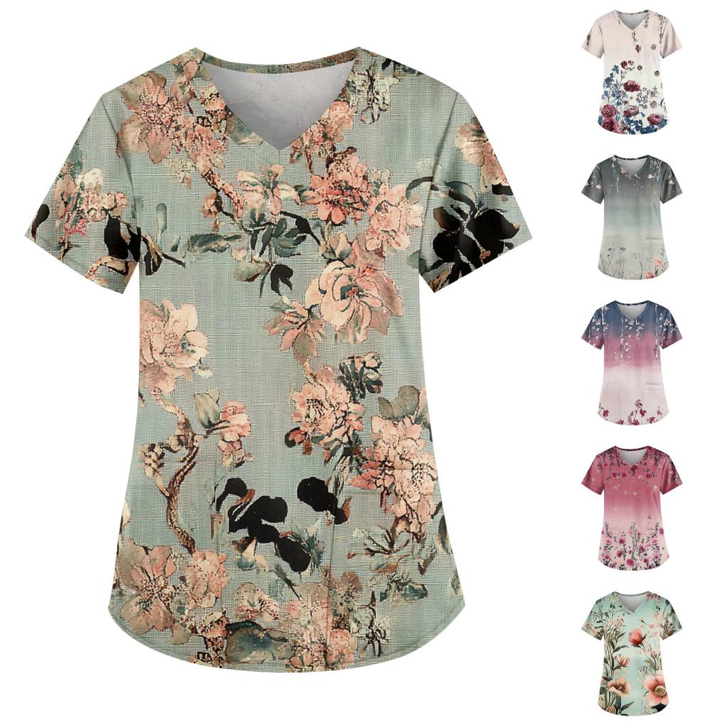 Women's V-neck Fashion Casual Printed Tops And Protective Workwear