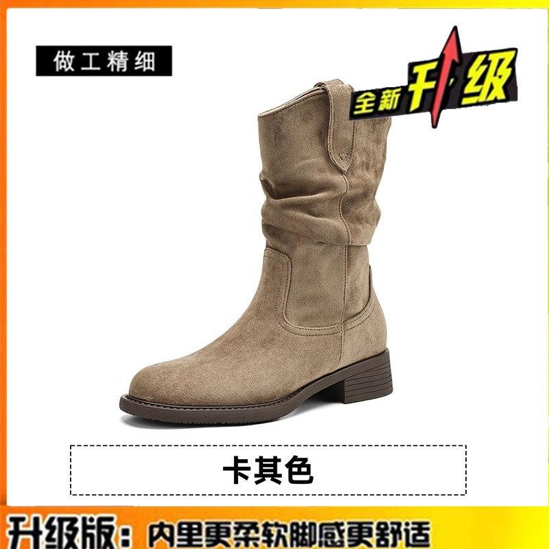 Cowhide version~ Leather Maillard boots women's shoes new mid-tube pile western cowboy short boots Martin boots