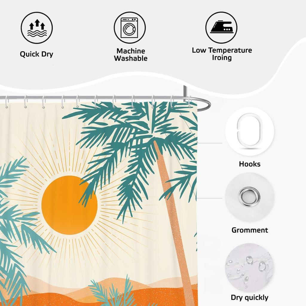 Tropical Palm Trees And Sunset Pattern Waterproof Shower Curtain 180X200Cm - Beach Style Print Bath Curtain For Home Decor