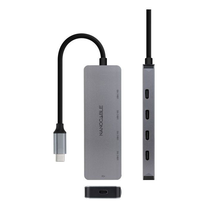 Hub USB-C - NANO CABLE - 4 Portas USB-C Fêmea - Alumínio 10 cm - USB-C PD 100W - Cinzento