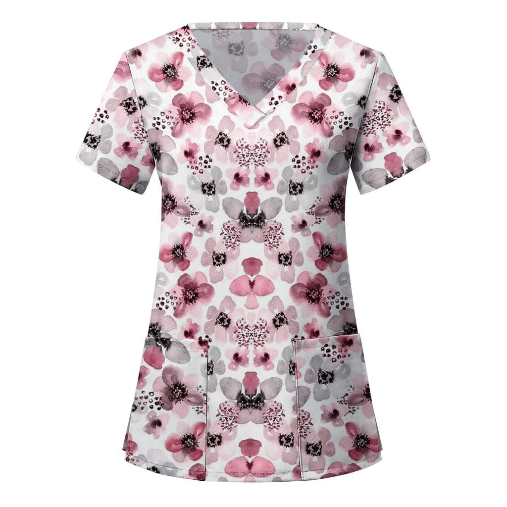 Medical Uniform V-Neck T-Shirts Working Hospital Halloween Short Sleeves Surgical Print Nurse Medical Scrub Print Tops Women Blo
