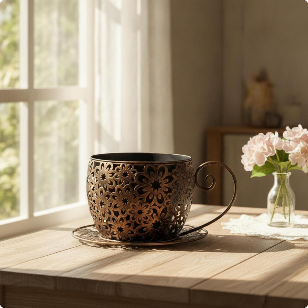 Metal Planter with Saucer Wrought Iron Look Decorative Flower Pot Vintage Style for Gardeners,
