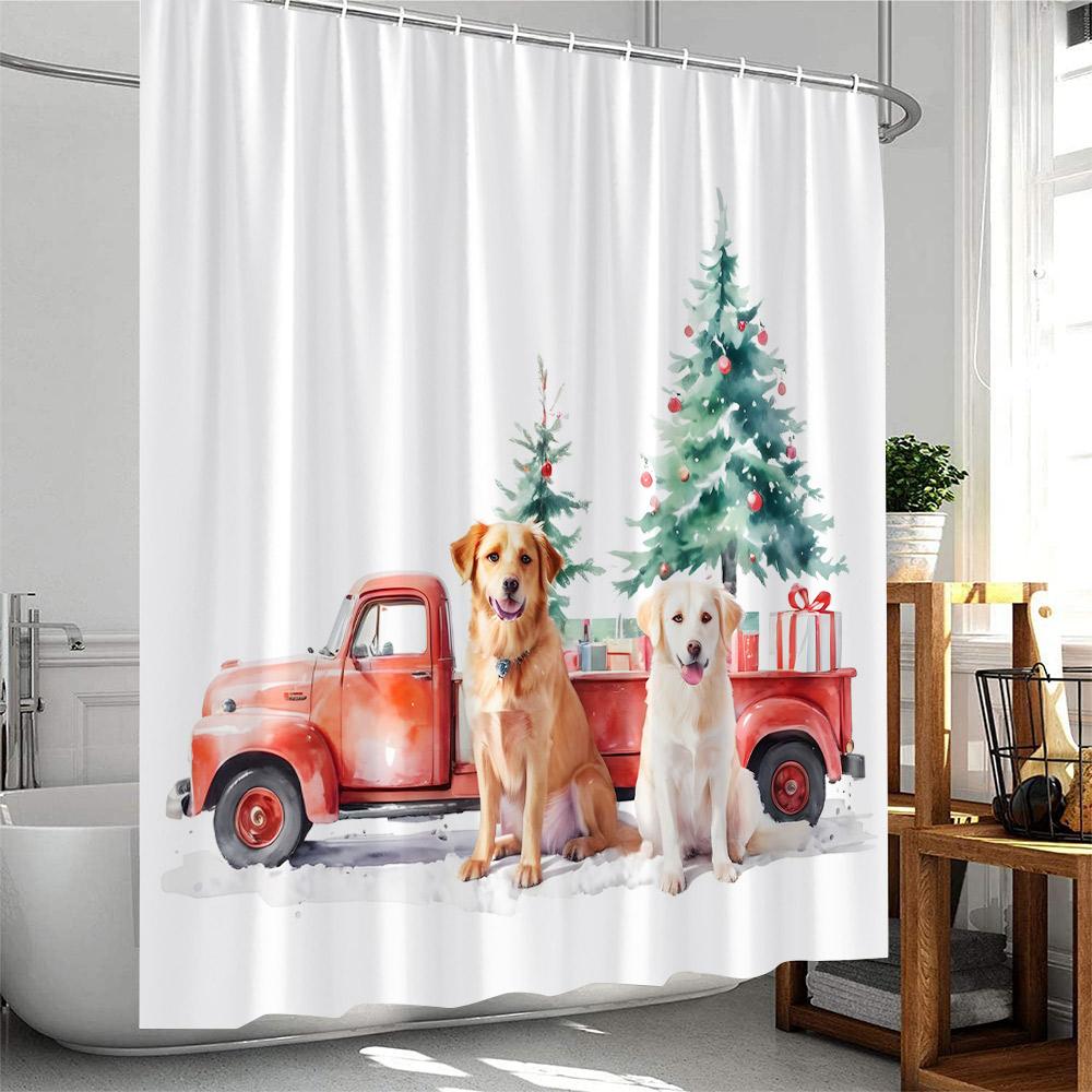 Christmas Shower Curtain Dogs with Xmas Hat Winter Holiday Red Truck Pine Tree Snow Scenery Bathtub Decor Polyester Bath Curtain