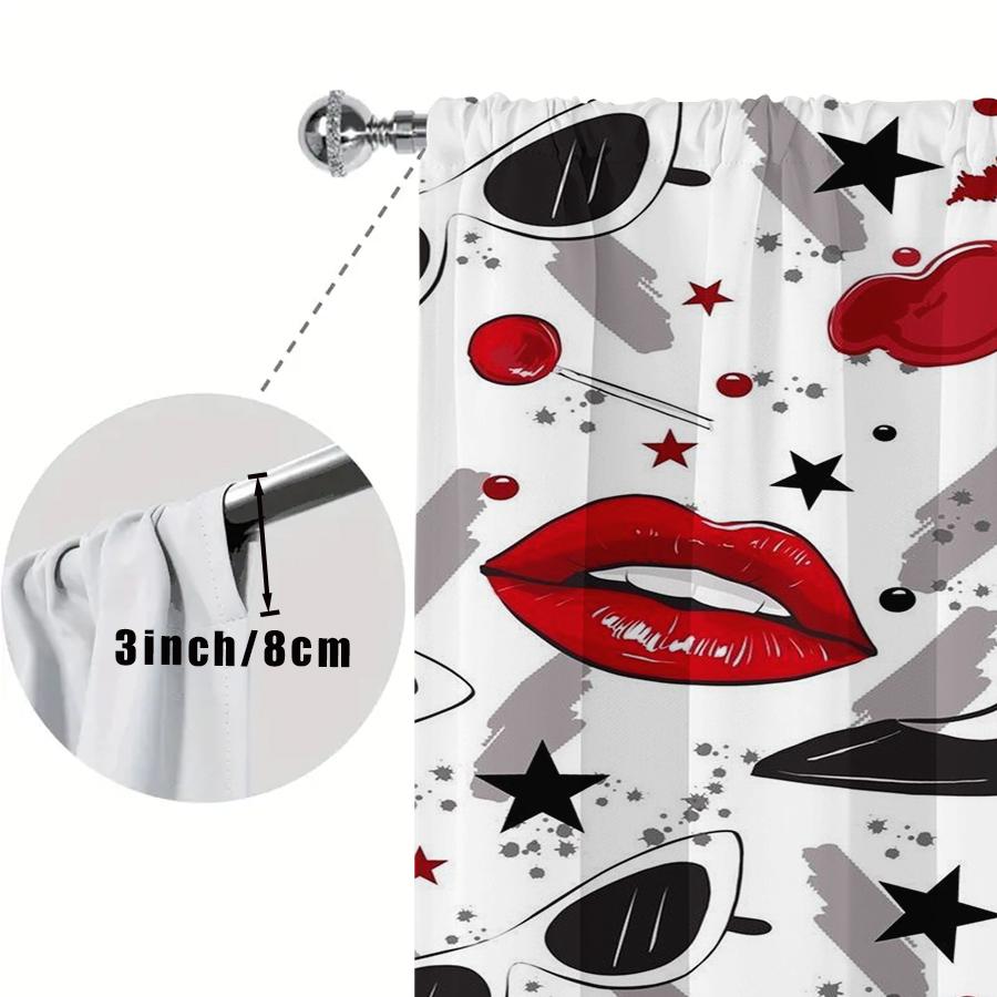 2pcs Stylish Red Lip & High Heel Curtains Fashion Glam Design Sheer Light-Filtering Fabric Bedroom Living Room Window Decor