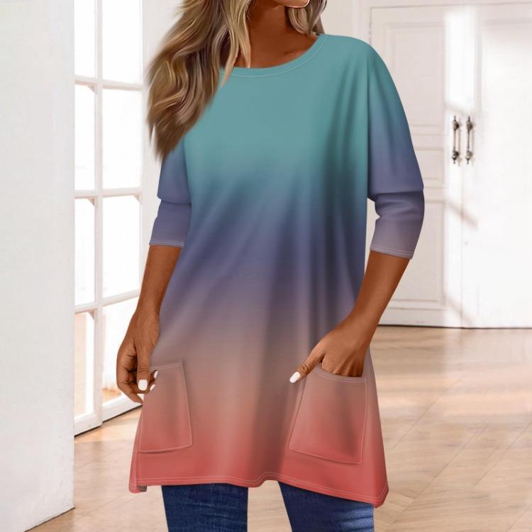 Women 3/4 Sleeve Round Neck T Shirt Casual Print Blouse Pullover Tops with Pocket Mid Length