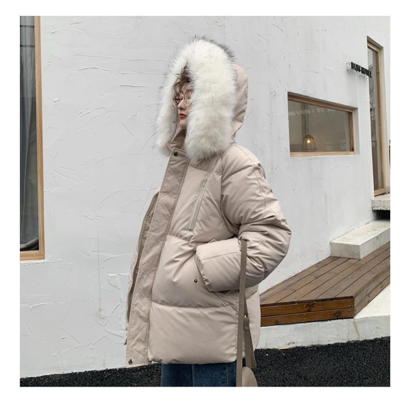 Women S Short Loose Fit Cotton Padded Coat With Big Fur Collar Winter Casual Style