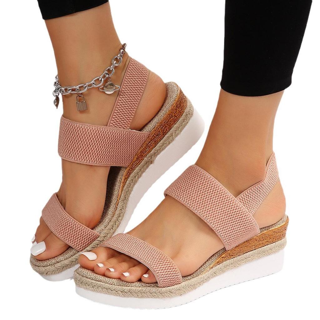 Plus Size Elastic Band Wedge Sandals, Women's Summer 2025, Slip-on Thick Sole Open Toe Sandals