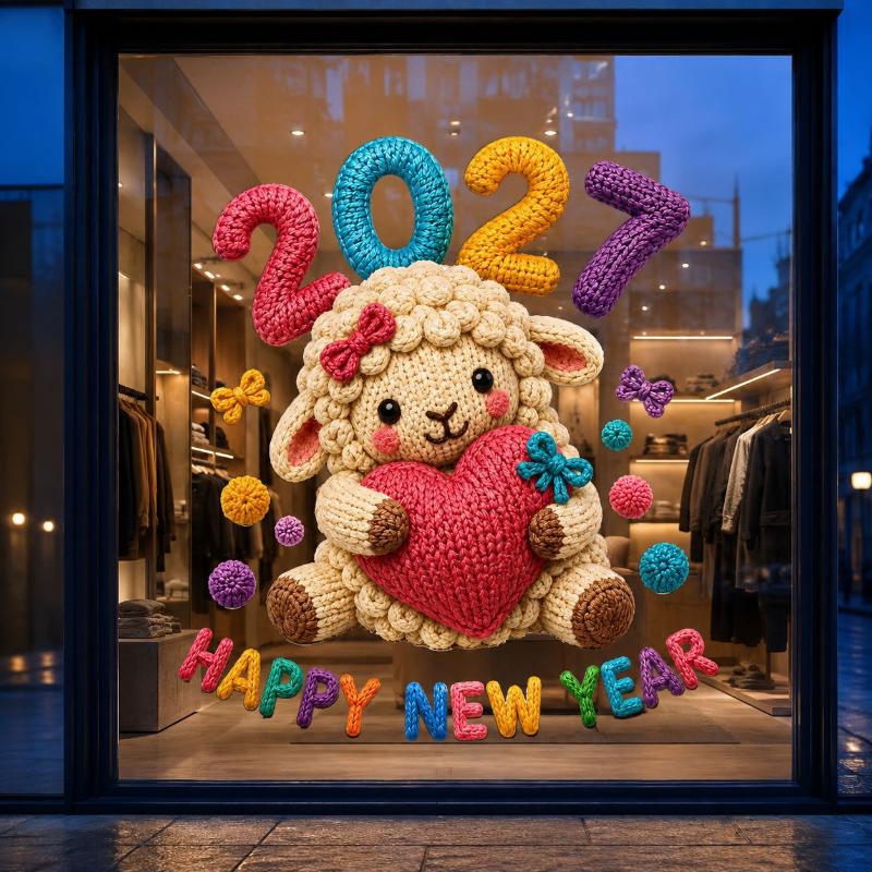 2027 New Year Window Stickers Cute Crochet Sheep Pattern Removable Self Adhesive For Home Shop Holiday Window Decoration