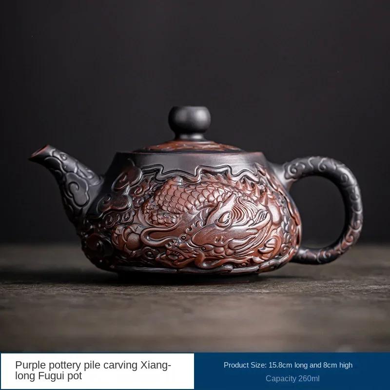 Jianshui Purple Pottery Teapot Heap Carving Xianglong Pot Kung Fu Tea Set Purple Clay Pot Deep Carving Tea Making Tea Kettle