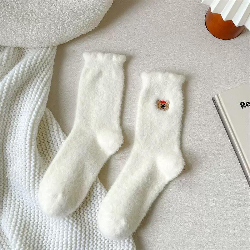 Winter white medium tube women autumn and winter fleece thickened cute cartoon warm sleep confinement socks plush stacking socks