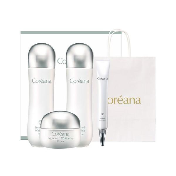 Coreana Fermentation Whitening 3pcs Set (Toner 150ml + Emulsion 150ml + Cream 50ml) + Spot Essence 20ml + Shopping Bag