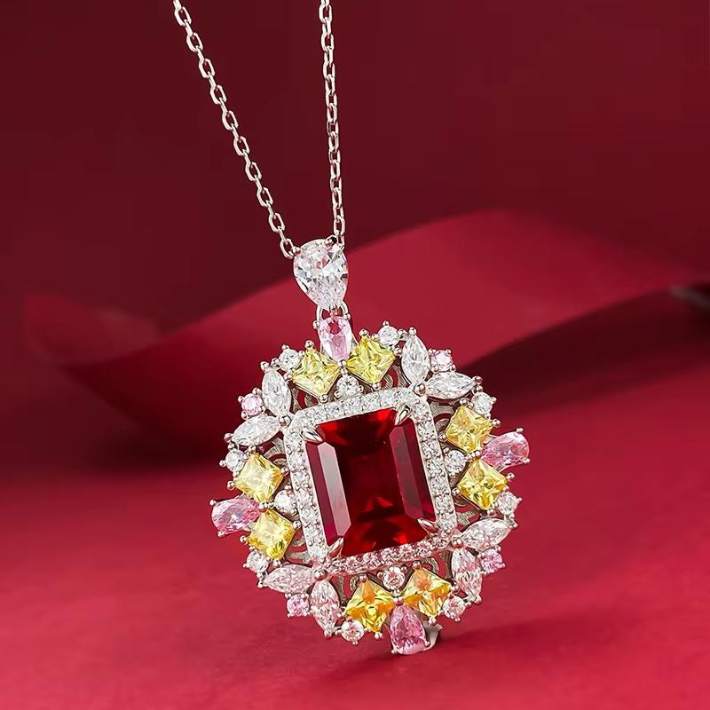 New S925 Silver Blood Red 10 * 12 Rectangular Pagoda Necklace Pendant for Women Luxury Fashion Jewelry