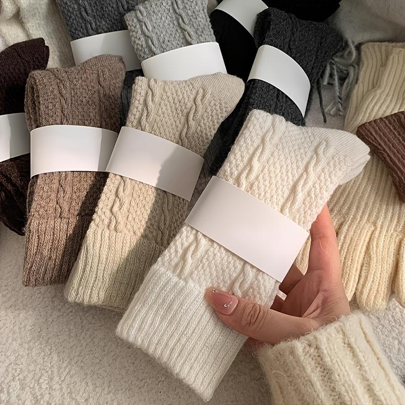 5-pair Set of Autumn and Winter Japanese-style Versatile Solid Color Embossed Cable Knit Thick Warm Over-the-knee Socks