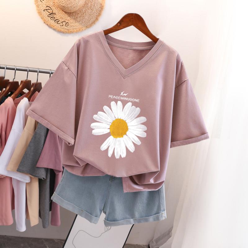 Short-sleeved T-shirt for Women, Large Size, Loose and Slimming, Printed V-neck Top