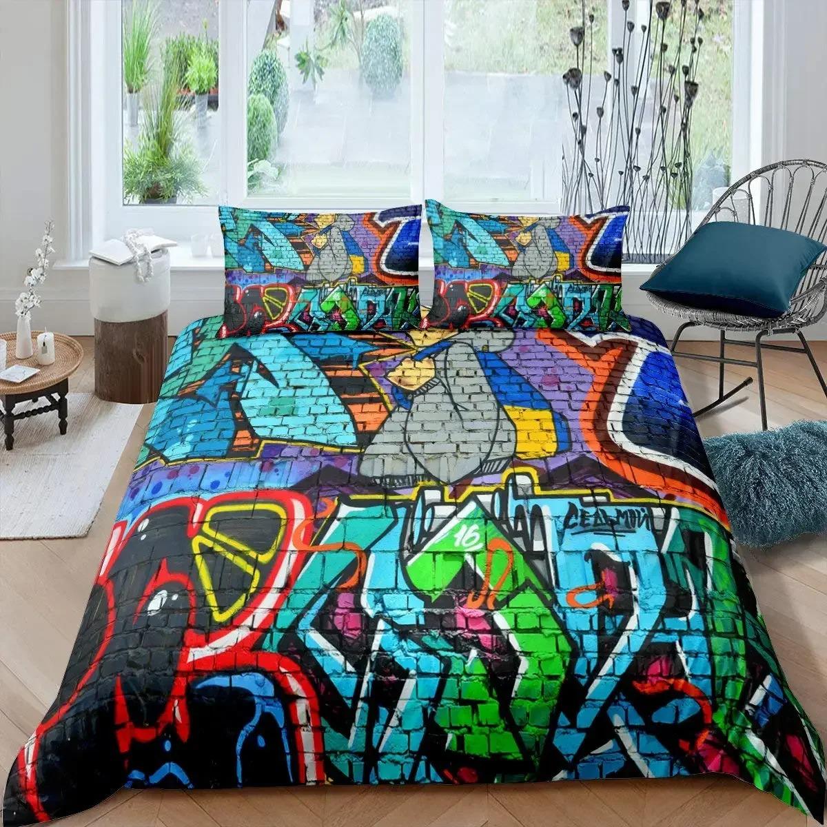 

Comforter Hip Hop King Queen Size Color Street Culture Wall Graffiti Art Rock Music Sports Polyester Bedding Set For Kid Teens Comforter (quilt)-EU Single(135*200cm)3pcs