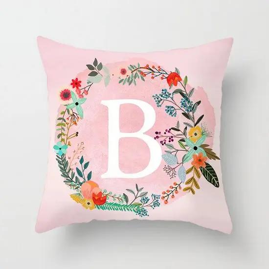 Pink Decorative Pillow Cover 26 Letters In A Wreath Background Pillowcase For Home Decorative Alphabet Cushion Cover 45X45Cm