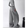 Womens Winter Plaid Wide Leg Pants Retro Relaxed Straight Cotton Trousers