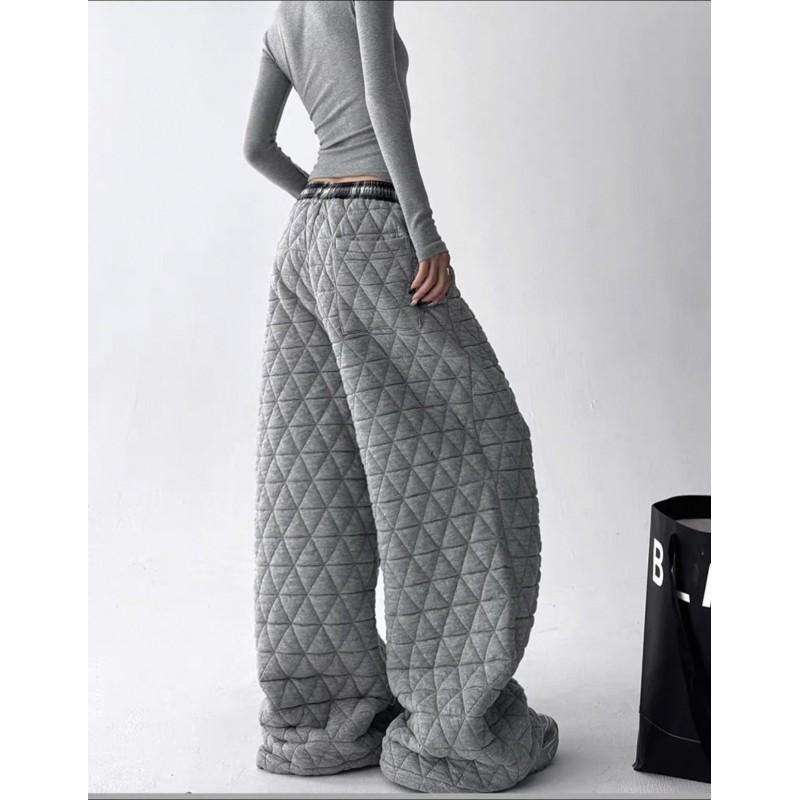 Womens Winter Plaid Wide Leg Pants Retro Relaxed Straight Cotton Trousers