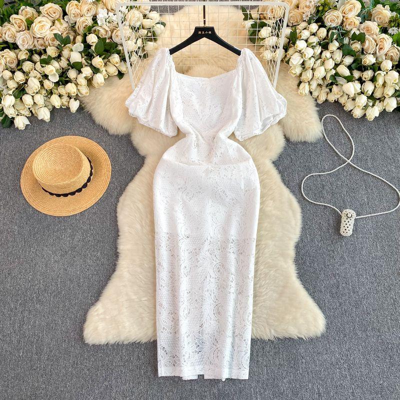 

French Style Fancy Gold Style Dress Classy Light Luxury Minority Puff Sleeves Silm Mid Length Long Length Lace Dress Women White S
