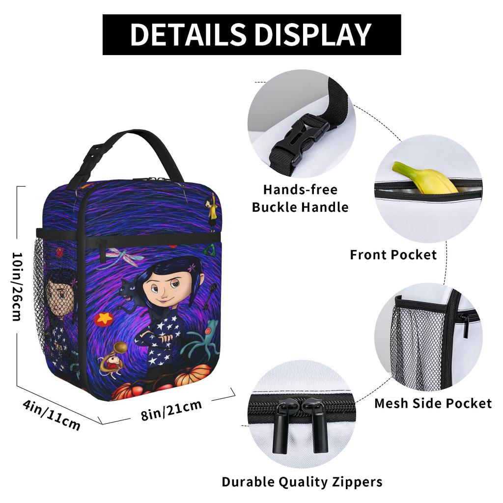Coraline Purple Portal Anime Lunch Bag Leisure Outdoor Picnic Lunch Box Print Portable Thermal Tote Handbags