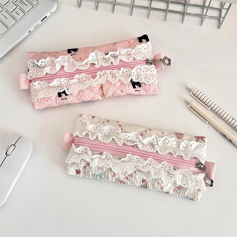 Lace Floral Pencil Case Ins Style Mini Makeup Bag Sundry Change Storage Bag Large Capacity Stationery Organizer Pen Bag