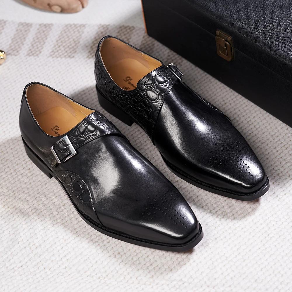 Fashion Luxury Men's Genuine Leather Monk Strap Shoes Cowhide Business Office Formal Dress Shoes with Buckle Italian Style for Weddings